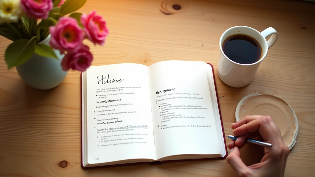 Notesbog med håndskrevne noter på træskrivebord ved siden af kaffe og blomster