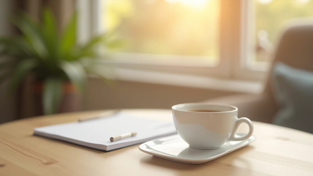 Kaffe og notesbog på træbord ved vindue
