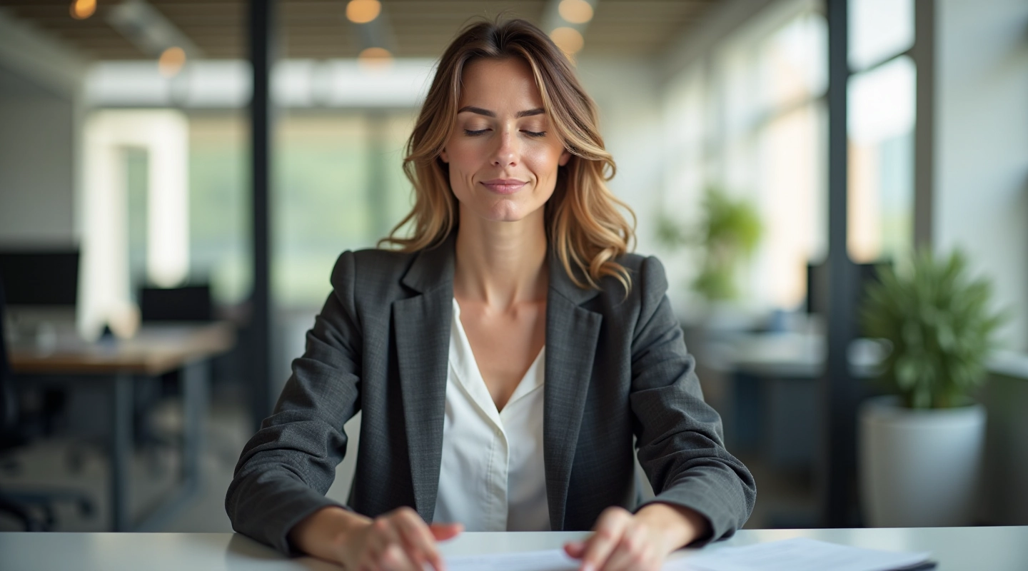 Person der praktiserer mindfulness i roligt kontor med naturligt lys