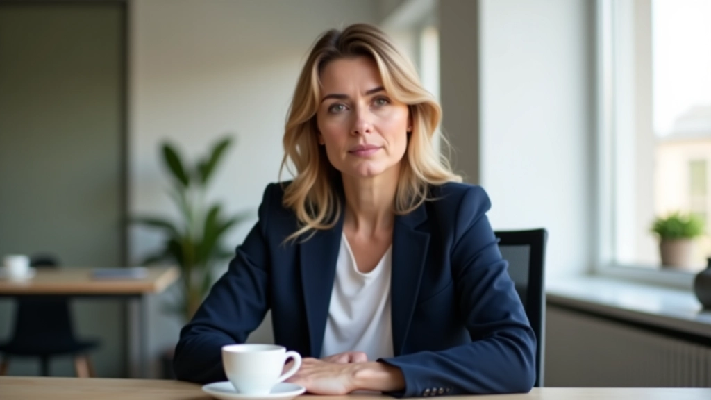 Professionel kvinde ved kontorbord med kaffe og dokumenter, sikker kropssprøg, naturligt lys